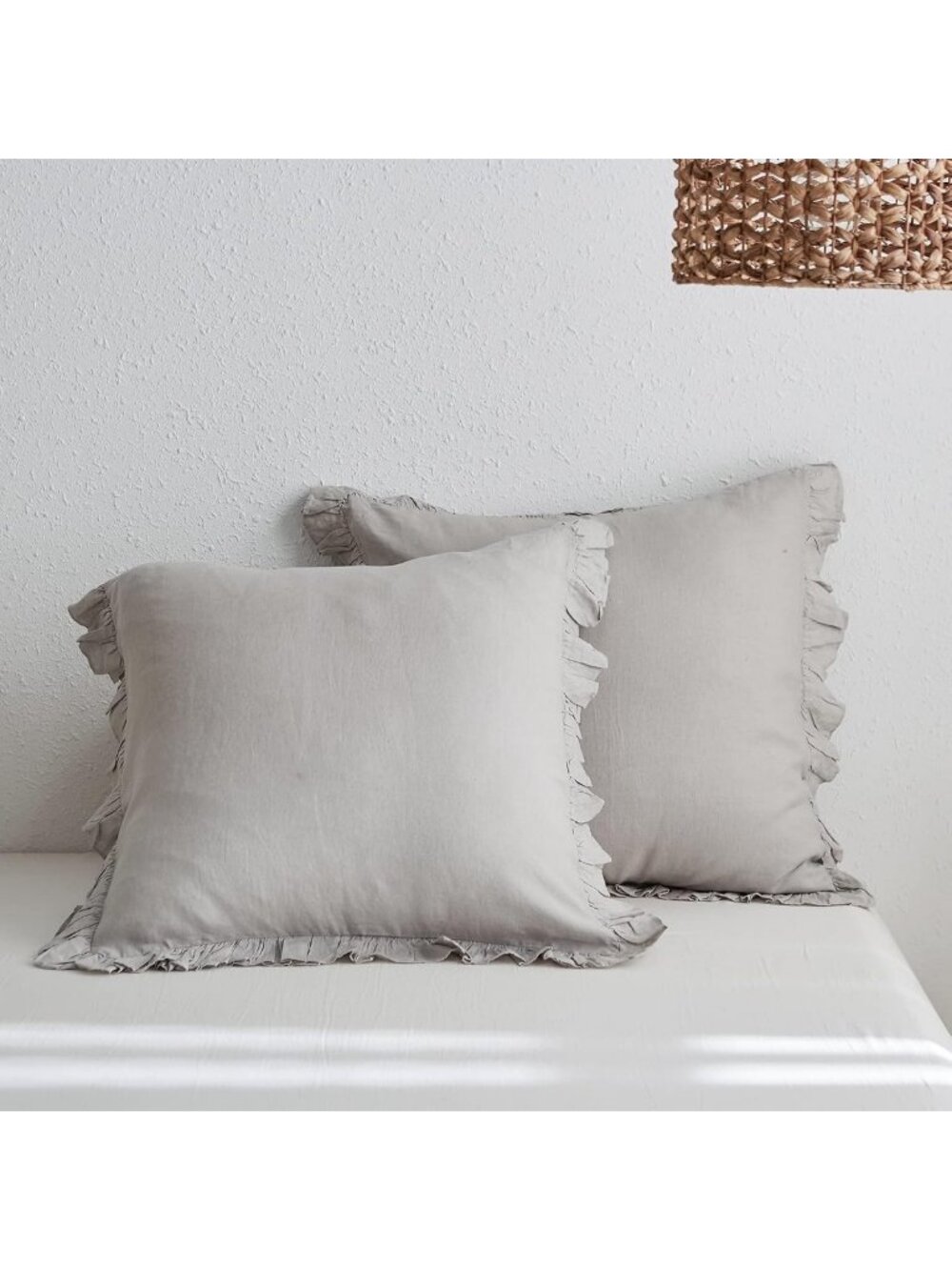 Linen Euro Sham Covers Set of 2, Ruffled 26x26 Inch Pillow Shams, Light Grey